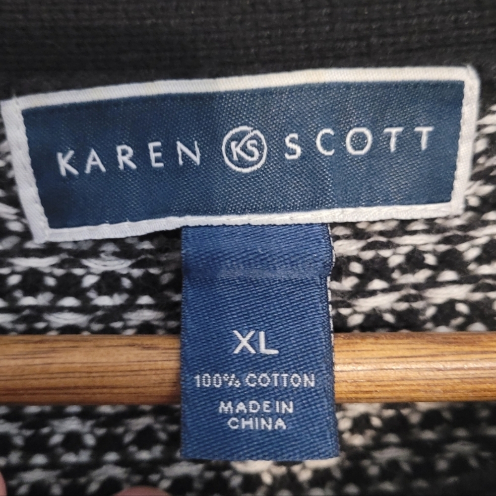 Karen Scott | Black/White 3/4 Sleeve Cotton Crewneck Sweater - Picture 3 of 5